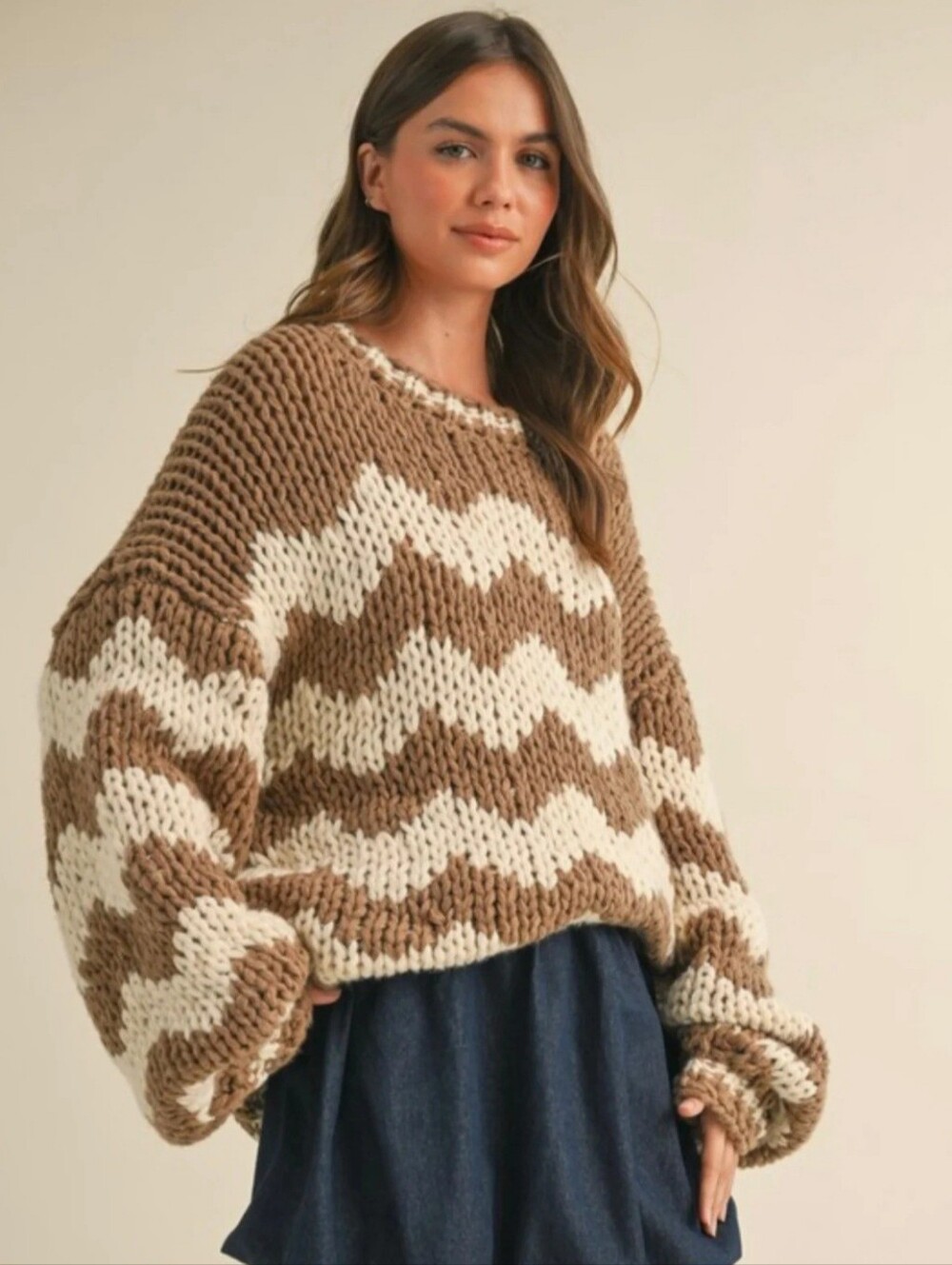 Chunky Chevron Knit Sweater in Brown and Cream